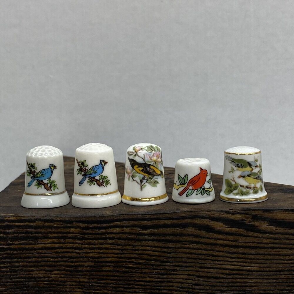 Lot Of 5 Bird Thimbles Vintage Sewing Collectible